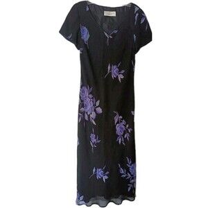 Jones New York Maxi Dress Size 6 Black Purple Floral Print Y2K Fairy Grunge